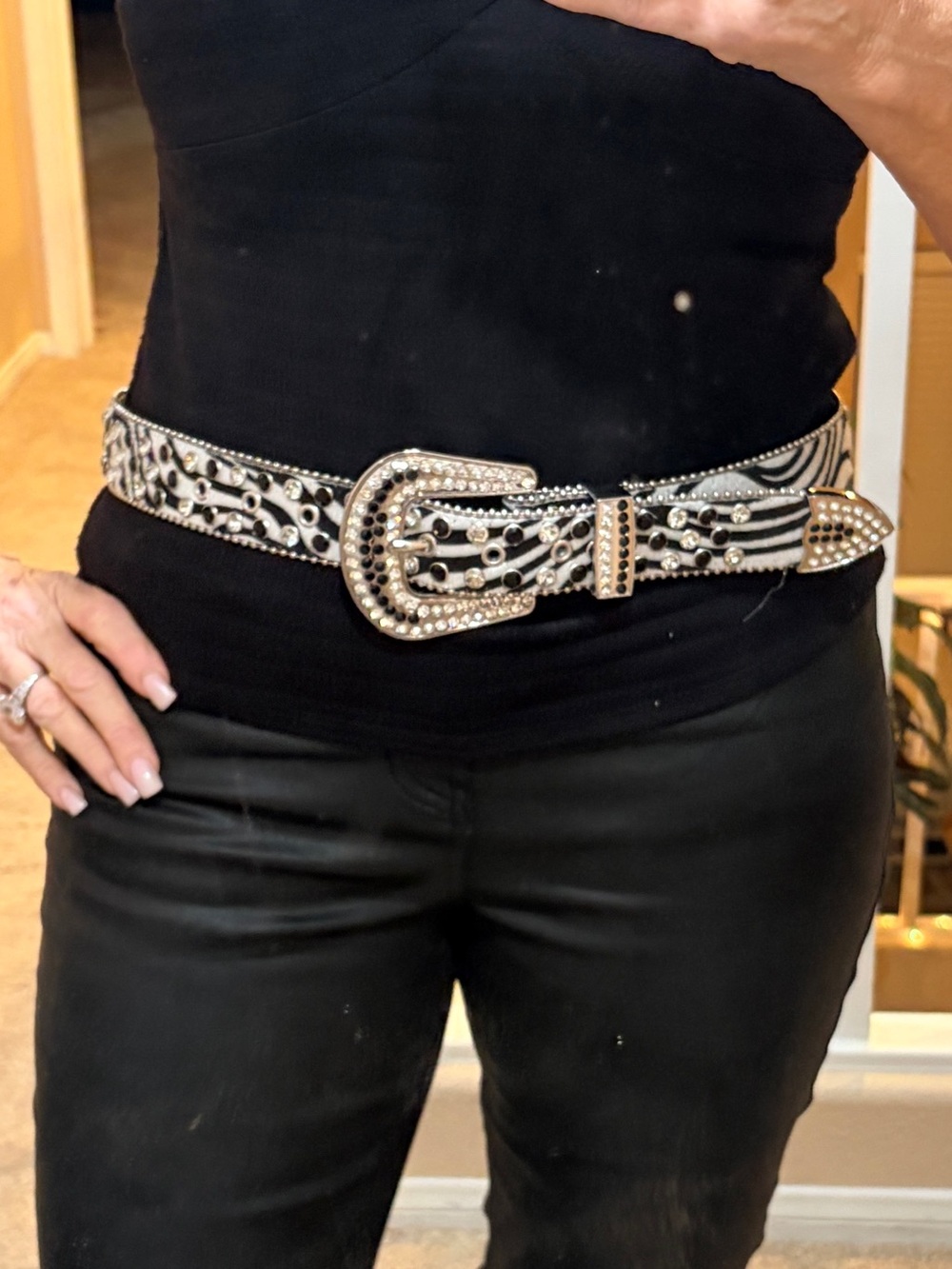 Cow hair Animal Print Rhinestone Western Belt - Black & White